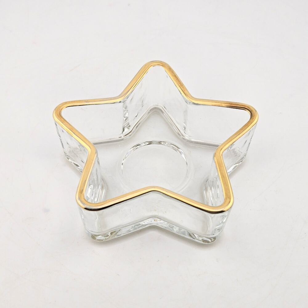 Vtg Star Shaped Glass Trinket Dish Gold Rim Made in USA Candle Holder Catchall